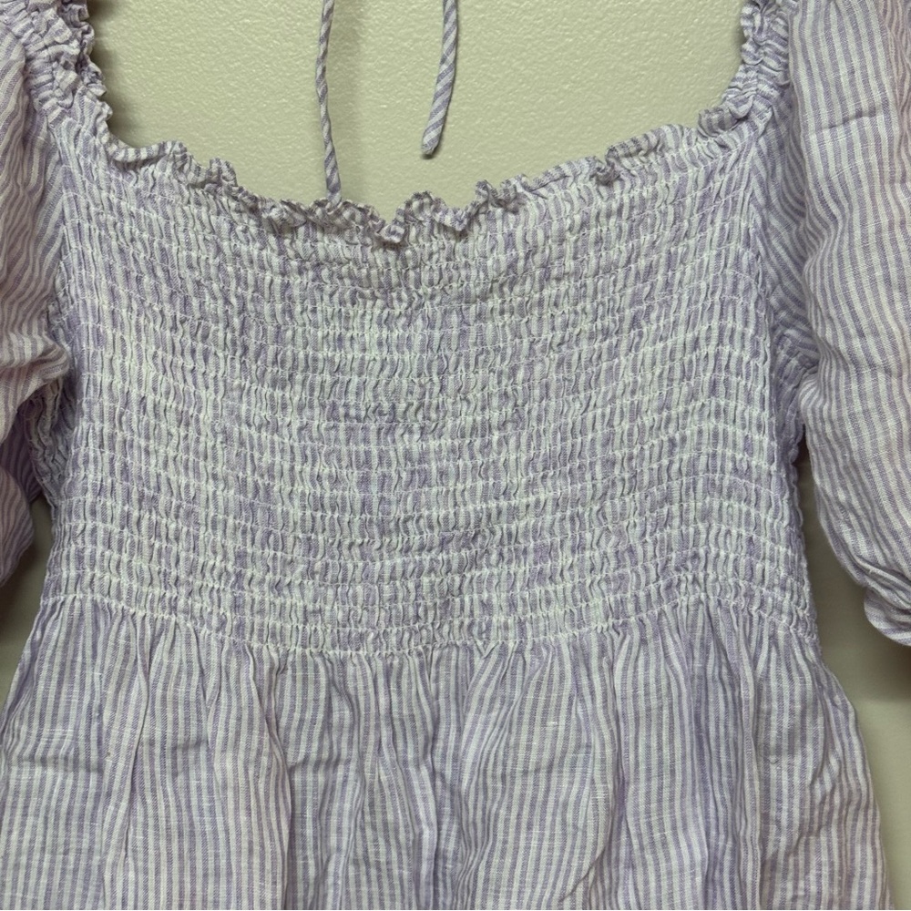 Hill House Athena Nap Dress Linen Lilac Stripe Puff-sleeve Smocked, Med - Picture 5 of 8